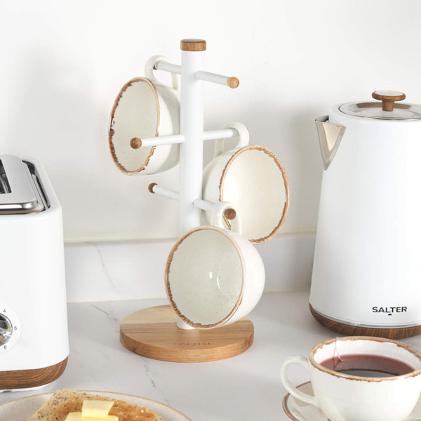 White and wood effect mug tree stand on kitchen counter