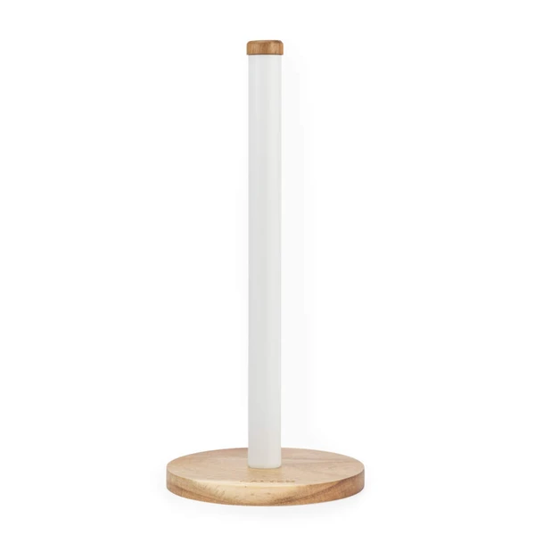 White and natural wood kitchen roll holder, shown upright on plain background