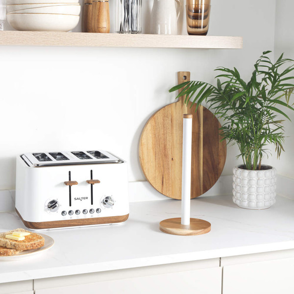 White paper towel holder with round acacia wood base, close-up view
