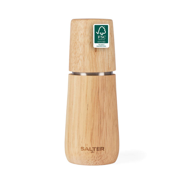 Light wood salt or pepper mill with FSC certification label, shown upright