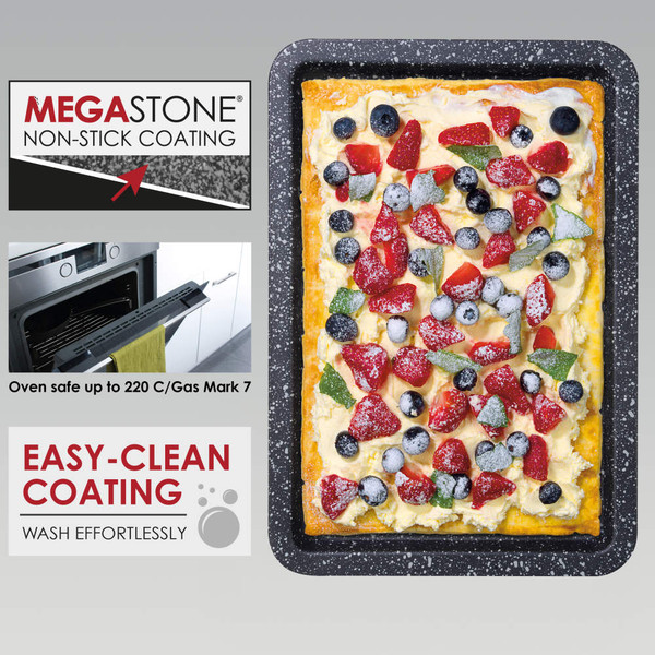 Non-stick baking tray with easy-clean coating, oven safe up to 220°C, shown with a baked fruit tart.