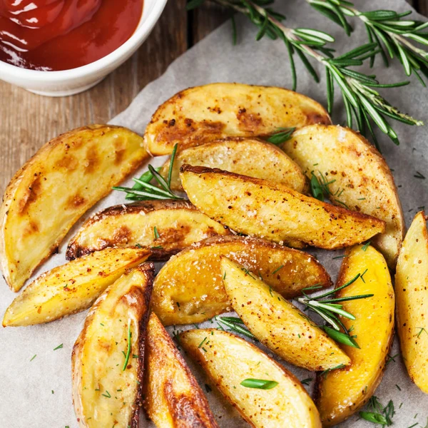 Golden potato wedges with rosemary and sea salt, served with ketchup.