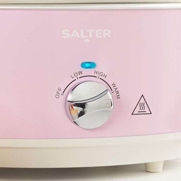 Pink Salter slow cooker control panel showing dial with off, low, high, warm settings