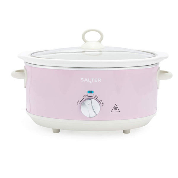 Pink electric slow cooker with white handles and Salter branding, shown from the front.