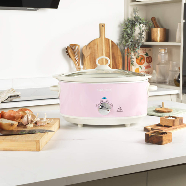 Pink Salter slow cooker filled with chilli, shown on kitchen counter