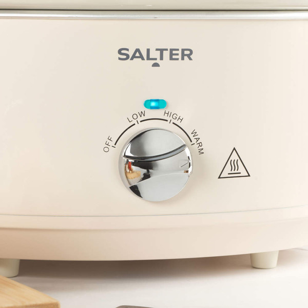 Cream Salter slow cooker control dial showing off, low, high, and warm settings