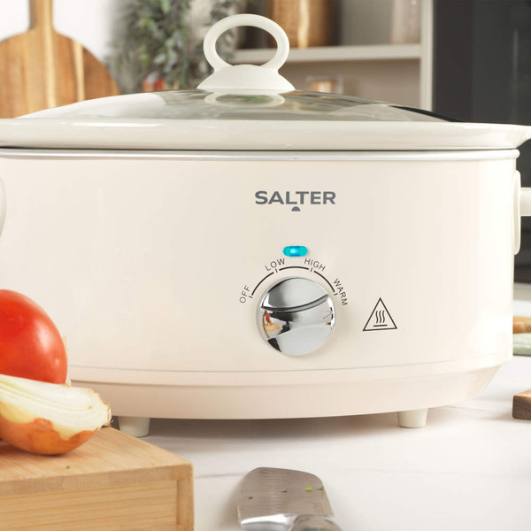 Cream Salter slow cooker with adjustable settings on kitchen counter