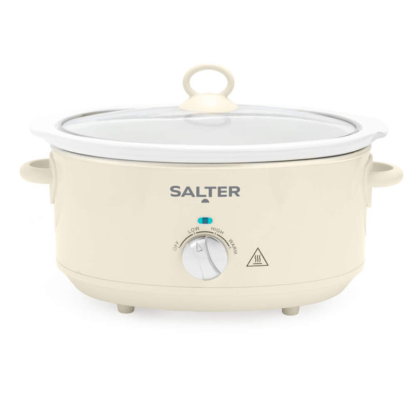 Cream electric slow cooker, Salter brand, with dial control and glass lid
