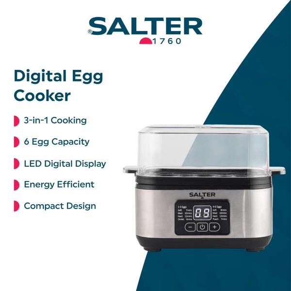 Electric egg cooker with digital display, stainless steel finish, clear lid, front view