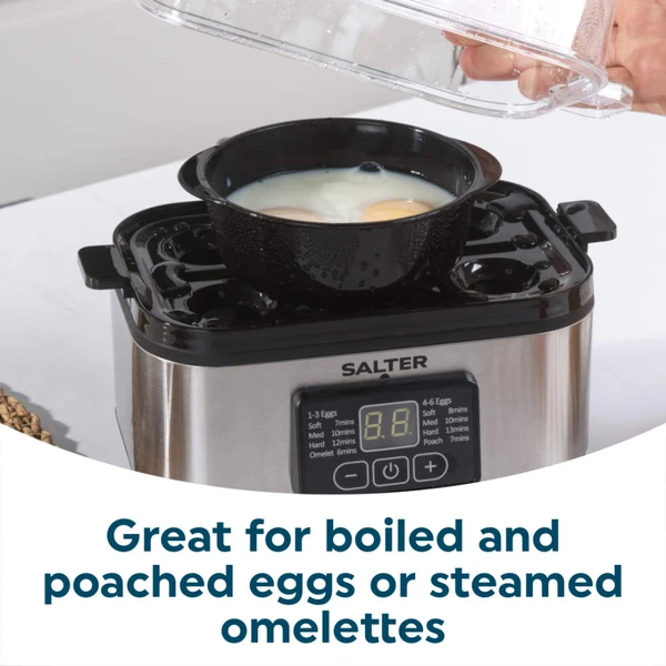 Egg boiler with six brown eggs in a clear lid on a Salter stainless steel base