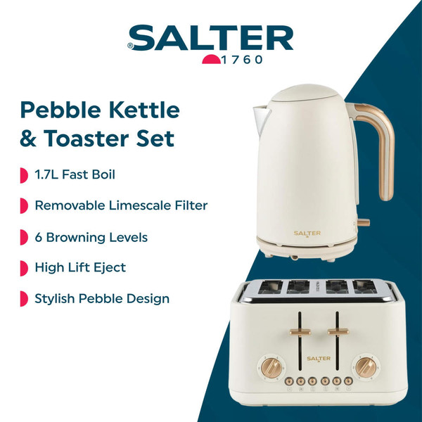 Cream kitchen set including kettle, toaster, bread bin, and storage jars on counter