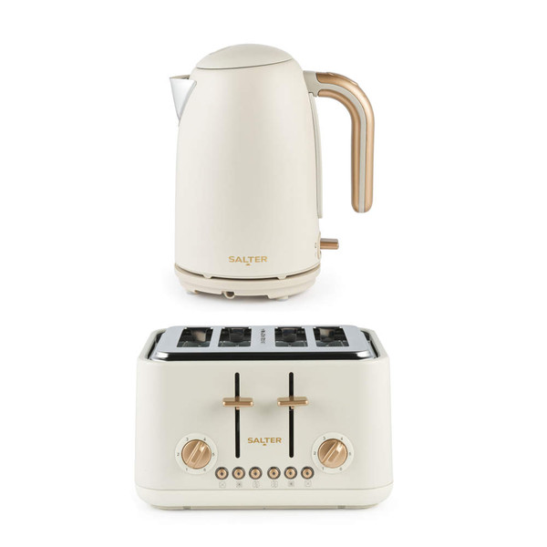 Cream kettle and 4-slice toaster set with gold accents, shown front on white background.