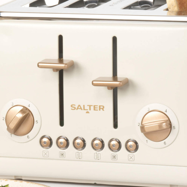 Cream and gold Salter 4-slice toaster, close-up of controls and levers.