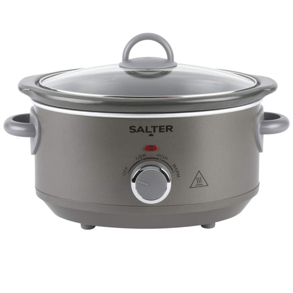 Grey electric slow cooker with dial control and glass lid, shown from the front.