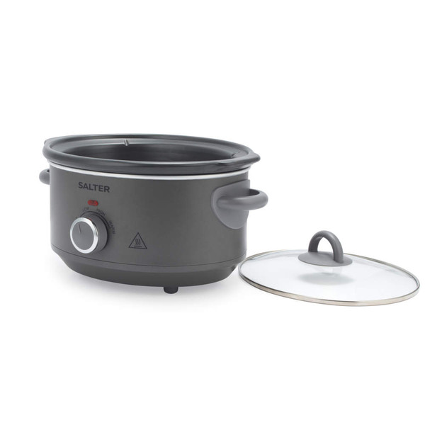 Grey Salter slow cooker with glass lid, shown open for UK kitchen appliances category.