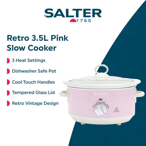 Pink Salter slow cooker with tomato stew, lid being lifted, kitchen counter setting