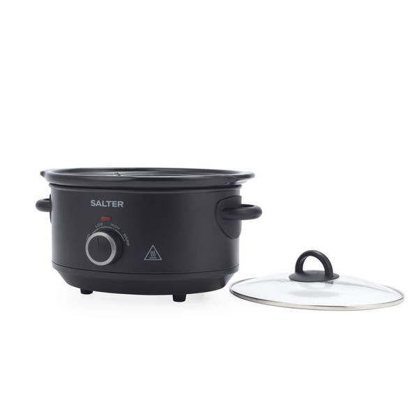 Black Salter slow cooker with side handles, removable glass lid shown beside the unit.