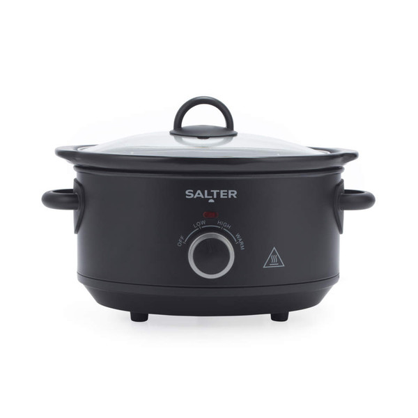 Black Salter slow cooker with glass lid shown from front
