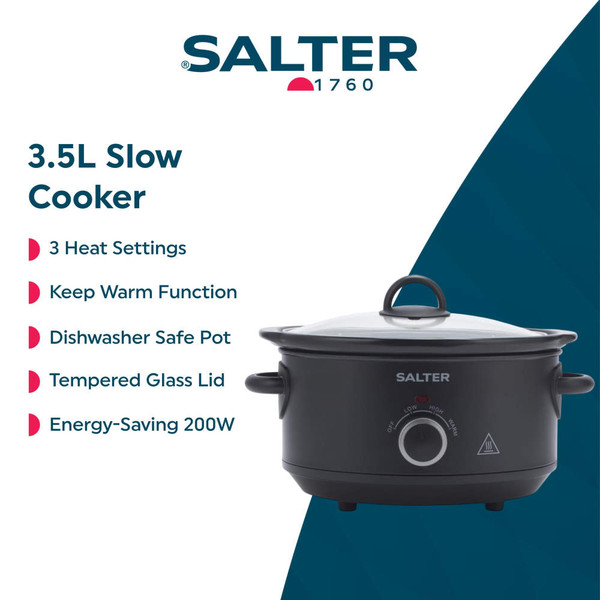 Person using a black Salter slow cooker on a kitchen counter, lid closed, daytime setting