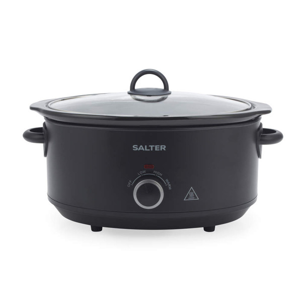 Black electric slow cooker with glass lid, Salter logo, front view.