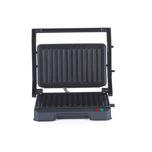 Black electric panini press with open grill plates, shown front-on for product detail