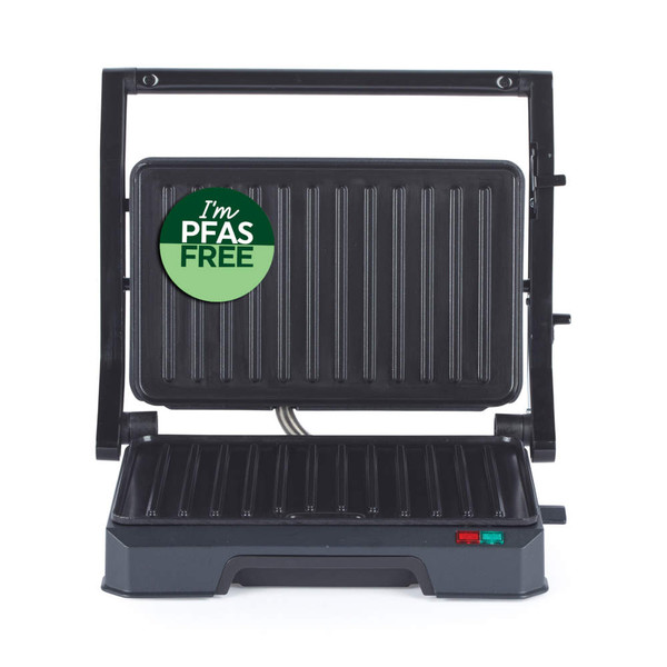 Black electric grill with open lid, PFAS free sticker visible, for healthy cooking.