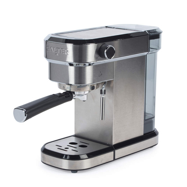 Silver espresso coffee machine with steam wand and black handle, shown at angle