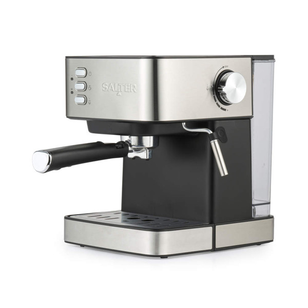 Black and silver espresso coffee machine with glass cup and scoop of ground coffee