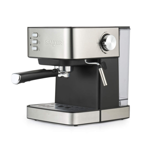 Black and silver espresso coffee machine with steam wand, shown at angle
