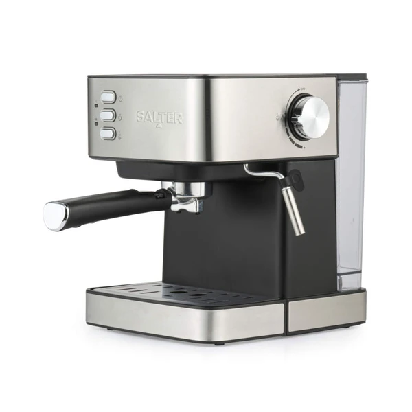 Black and silver espresso coffee machine with steam wand, side angle