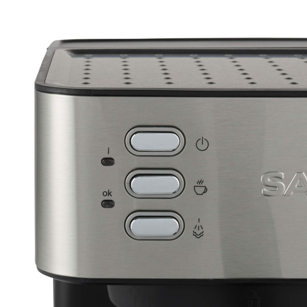 Close-up of brushed stainless steel coffee machine control panel with three buttons