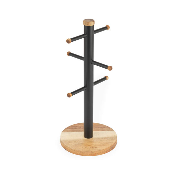 Black and wood mug tree with six pegs, freestanding on round base, product image.