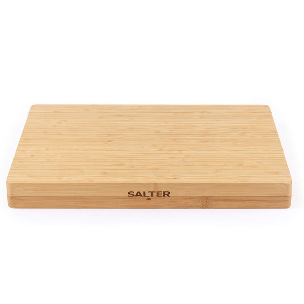 Rectangular bamboo chopping board with SALTER logo on the side.