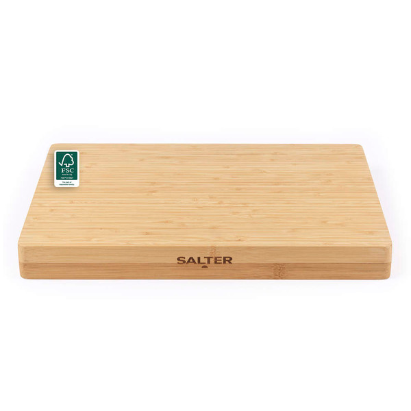 Bamboo chopping board with Salter logo and FSC certification badge