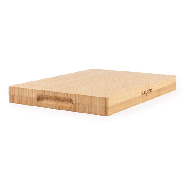 Rectangular bamboo chopping board with side handle groove, showing Salter branding.