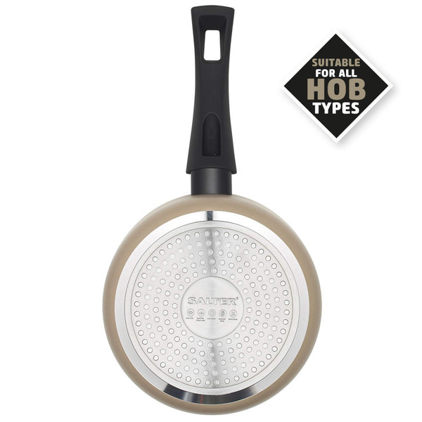 Salter frying pan base in champagne colour, black handle, suitable for all hob types.