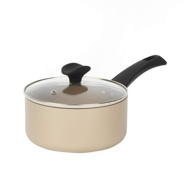 Gold saucepan with glass lid and black handle, shown at side angle