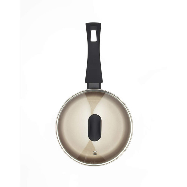 Gold non-stick saucepan with black handle and vented glass lid, top view