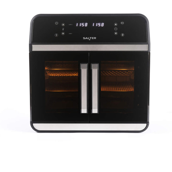 Black digital air fryer oven with double doors, shown from the front.