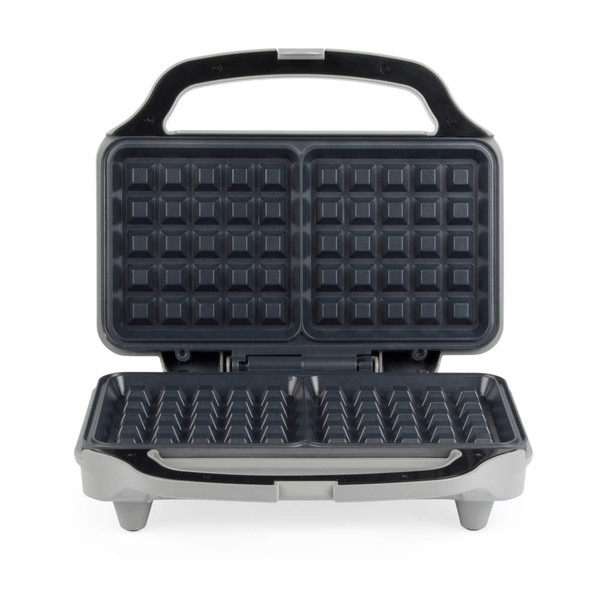Open grey waffle maker showing non-stick plates for two waffles