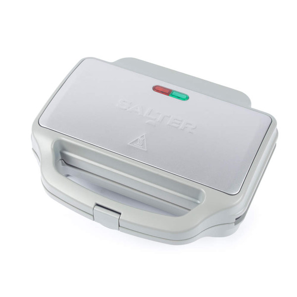 Salter silver sandwich toaster closed, showing indicator lights and handle