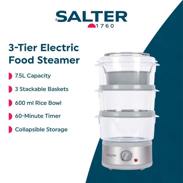 Selection of silver Salter kitchen appliances on white worktop, including blender, mixer and hand blender.