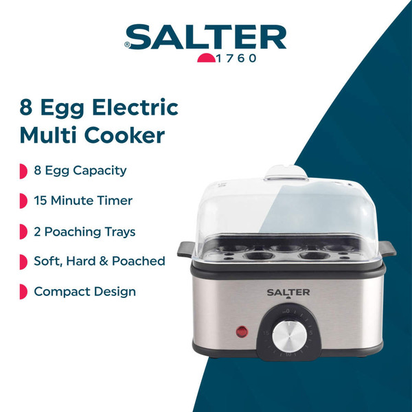Salter stainless steel egg cooker with timer dial and clear lid, front view