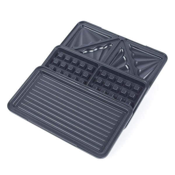 Set of three black non-stick plates: grill, waffle, and sandwich maker.