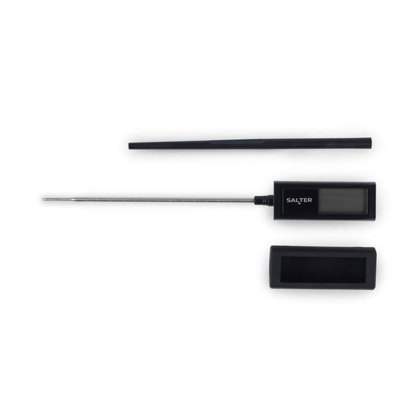 Digital kitchen thermometer with black handle and probe, display showing 29.6°C
