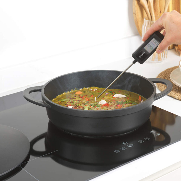 Digital cooking thermometer with black handle and LCD display, product image