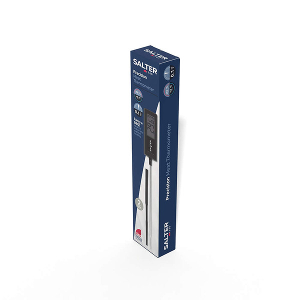 Boxed Salter digital meat thermometer with display, black and silver, angled view