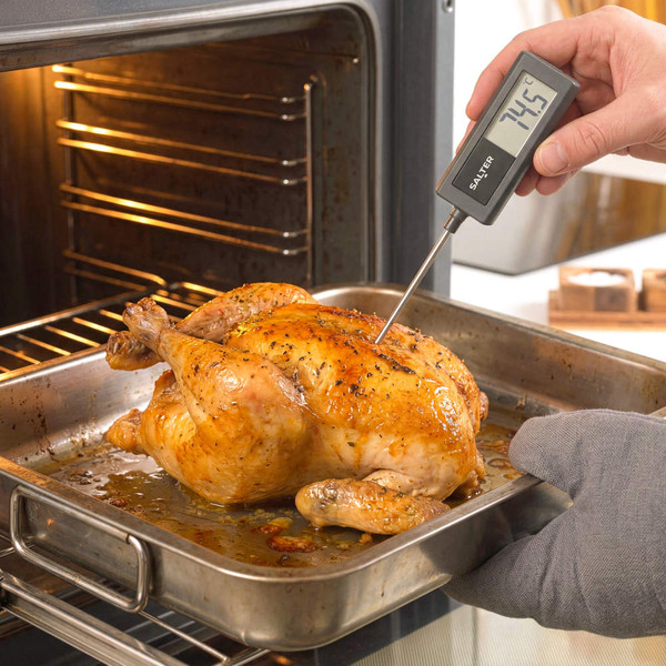 Boxed Salter digital meat thermometer with display, black and silver, angled view