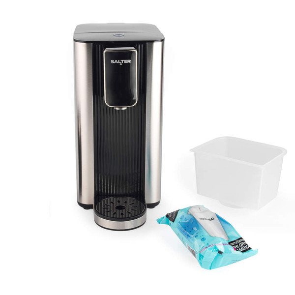 Salter black and silver soda maker with water container and CO2 cylinder, shown on white background