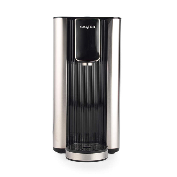 Black and silver Salter countertop hot water dispenser, front view.